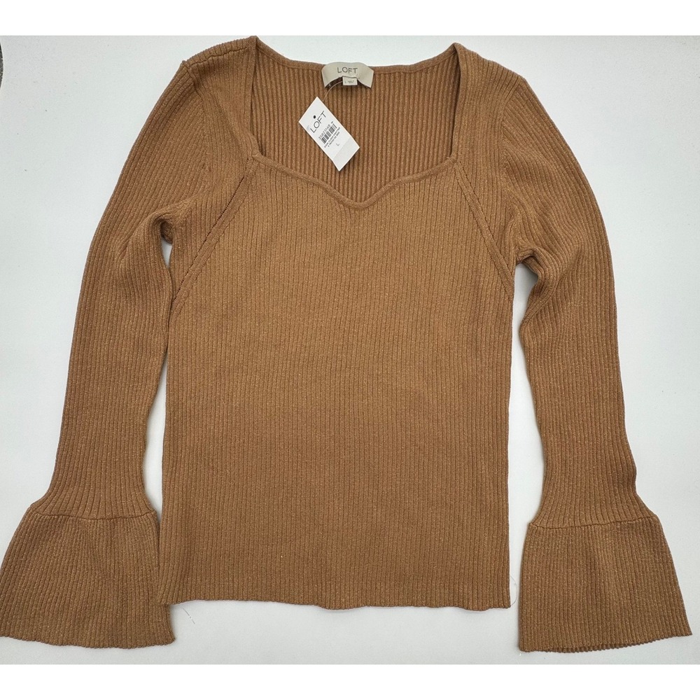 LOFT Metallic Rib Knit Bell Sleeve Sweater Women's‎ Large NWT Gold Shimmer